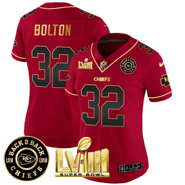 Women’s Chiefs Super Bowl LVIII & Back 2 Back Patch Vapor Jersey V3 – All Stitched – Red Special – Nick Bolton
