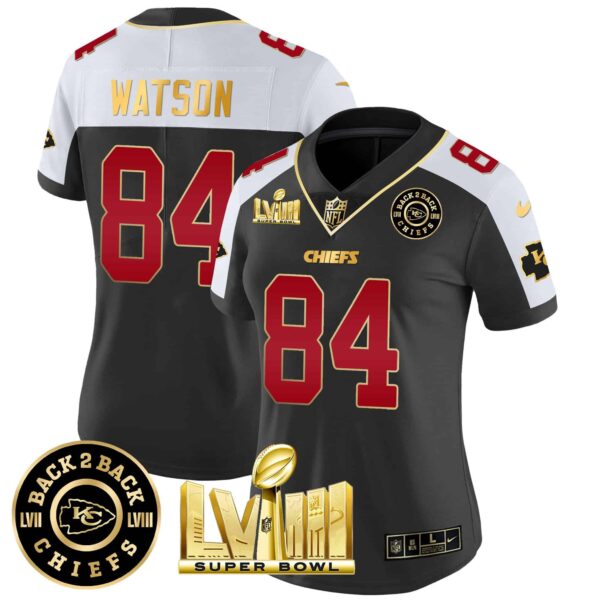 Women’s Chiefs Super Bowl LVIII & Back 2 Back Patch Vapor Jersey V3 – All Stitched – Black Alternate – Justin Watson