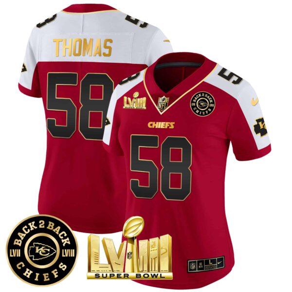 Women’s Chiefs Super Bowl LVIII & Back 2 Back Patch Vapor Jersey V3 – All Stitched – Red Alternate – Derrick Thomas