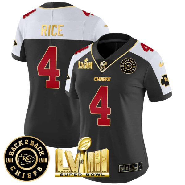 Women’s Chiefs Super Bowl LVIII & Back 2 Back Patch Vapor Jersey V3 – All Stitched – Black Alternate – Rashee Rice
