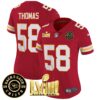 Women’s Chiefs Super Bowl LVIII & Back 2 Back Patch Vapor Jersey V3 – All Stitched – Red – Derrick Thomas