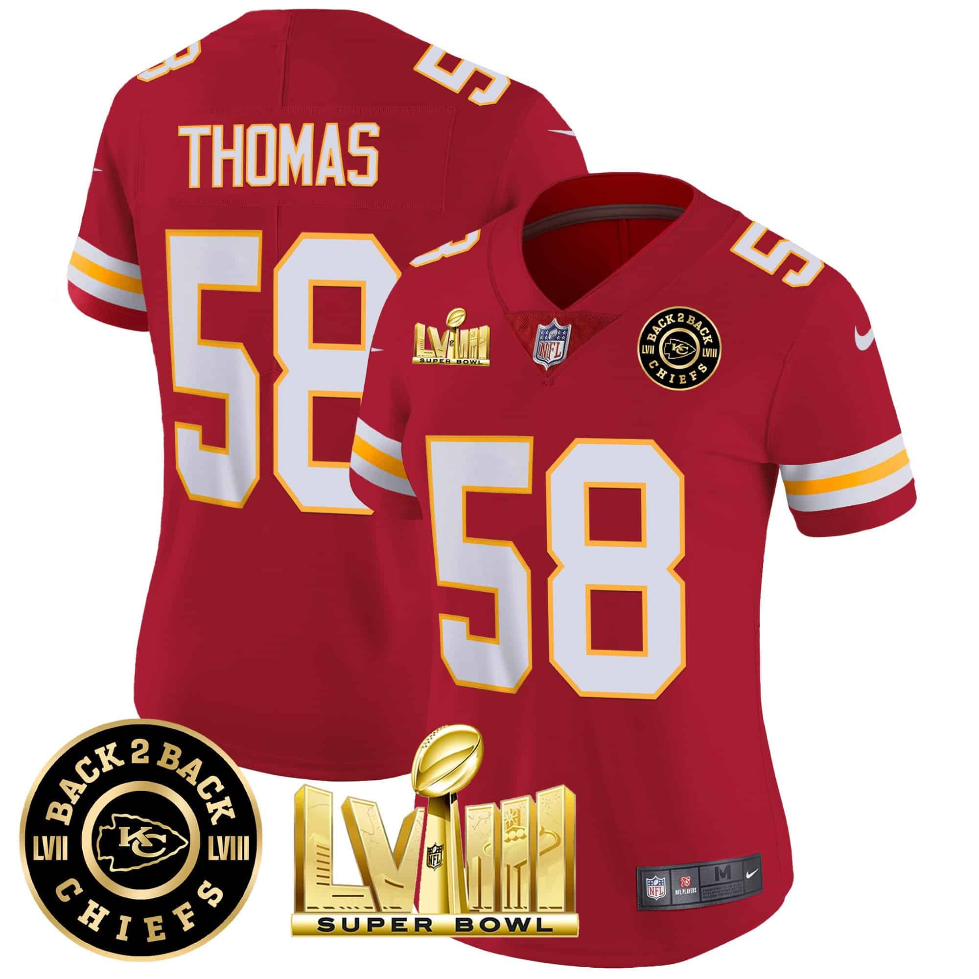 Women’s Chiefs Super Bowl LVIII & Back 2 Back Patch Vapor Jersey V3 – All Stitched – Red – Derrick Thomas