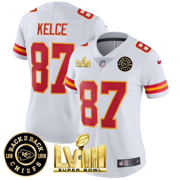 Women’s Chiefs Super Bowl LVIII & Back 2 Back Patch Vapor Jersey V3 – All Stitched – White – Travis Kelce
