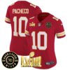 Women’s Chiefs Super Bowl LVIII & Back 2 Back Patch Vapor Jersey V3 – All Stitched – Red – Isiah Pacheco