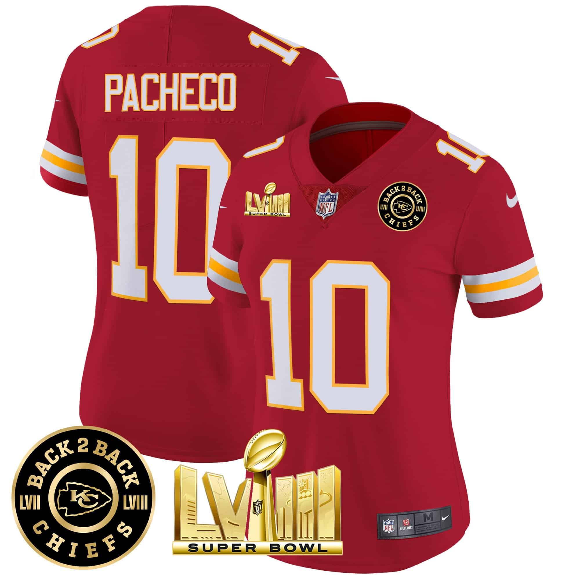 Women’s Chiefs Super Bowl LVIII & Back 2 Back Patch Vapor Jersey V3 – All Stitched – Red – Isiah Pacheco