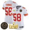 Women’s Chiefs Super Bowl LVIII & Back 2 Back Patch Vapor Jersey V3 – All Stitched – White – Derrick Thomas