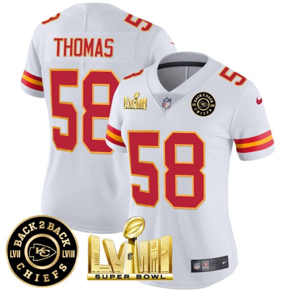 Women’s Chiefs Super Bowl LVIII & Back 2 Back Patch Vapor Jersey V3 – All Stitched – White – Derrick Thomas