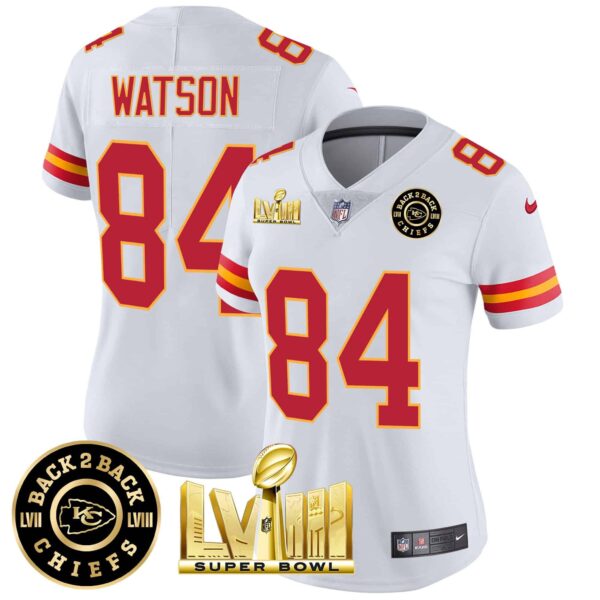 Women’s Chiefs Super Bowl LVIII & Back 2 Back Patch Vapor Jersey V3 – All Stitched – White – Justin Watson
