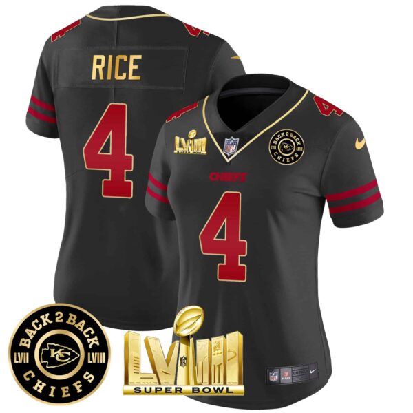 Women’s Chiefs Super Bowl LVIII & Back 2 Back Patch Vapor Jersey V3 – All Stitched – Gold Trim – Rashee Rice