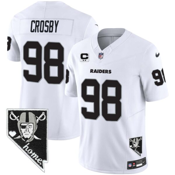 Men’s Raiders Nevada Home Patch Vapor Jersey – All Stitched – White – Maxx Crosby