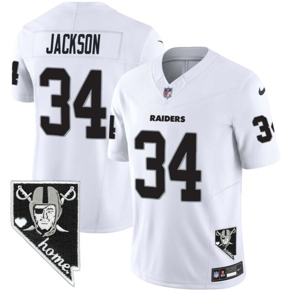 Men’s Raiders Nevada Home Patch Vapor Jersey – All Stitched – White – Bo Jackson