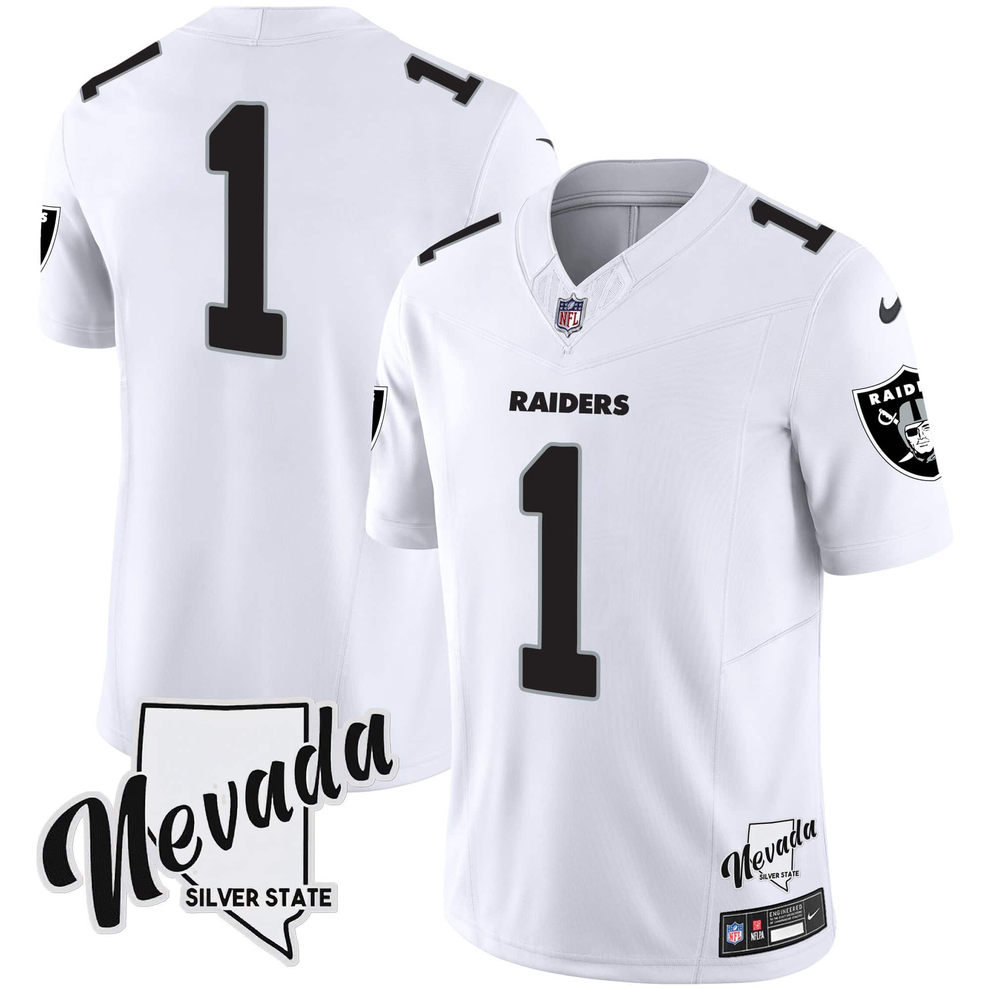 Men’s Raiders Nevada Silver State Patch Vapor Jersey V2 – All Stitched – White – #1 Team
