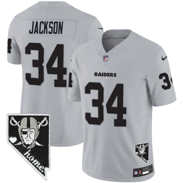 Men’s Raiders Nevada Home Patch Vapor Jersey – All Stitched – Gray – Bo Jackson