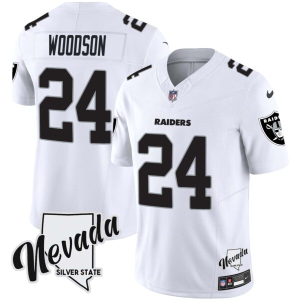 Men’s Raiders Nevada Silver State Patch Vapor Jersey V2 – All Stitched – White – Charles Woodson
