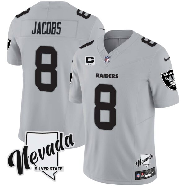 Men’s Raiders Nevada Silver State Patch Vapor Jersey V2 – All Stitched – Gray – Josh Jacobs