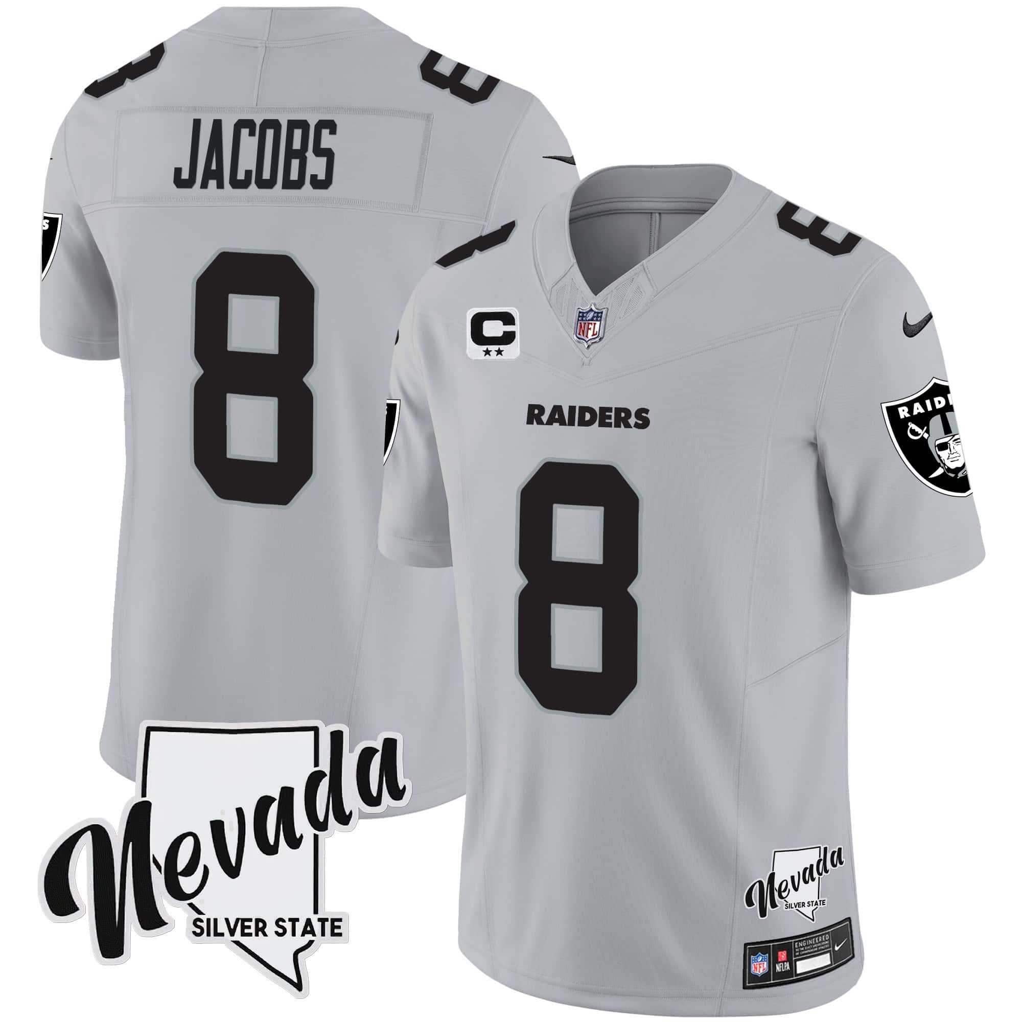 Men’s Raiders Nevada Silver State Patch Vapor Jersey V2 – All Stitched – Gray – Josh Jacobs