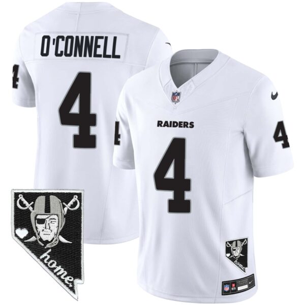 Men’s Raiders Nevada Home Patch Vapor Jersey – All Stitched – White – Aidan O’Connell