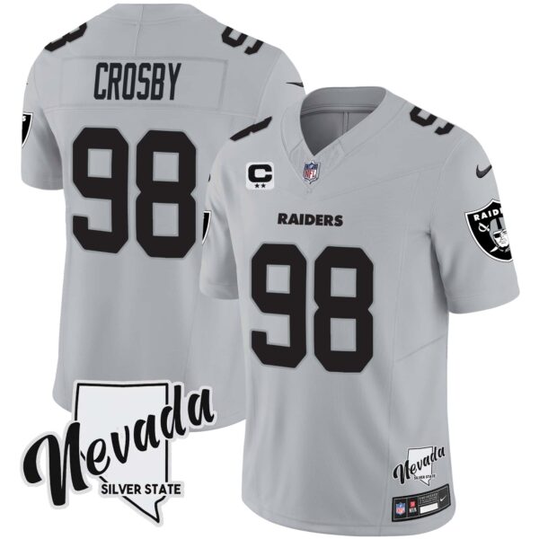 Men’s Raiders Nevada Silver State Patch Vapor Jersey V2 – All Stitched – Gray – Maxx Crosby