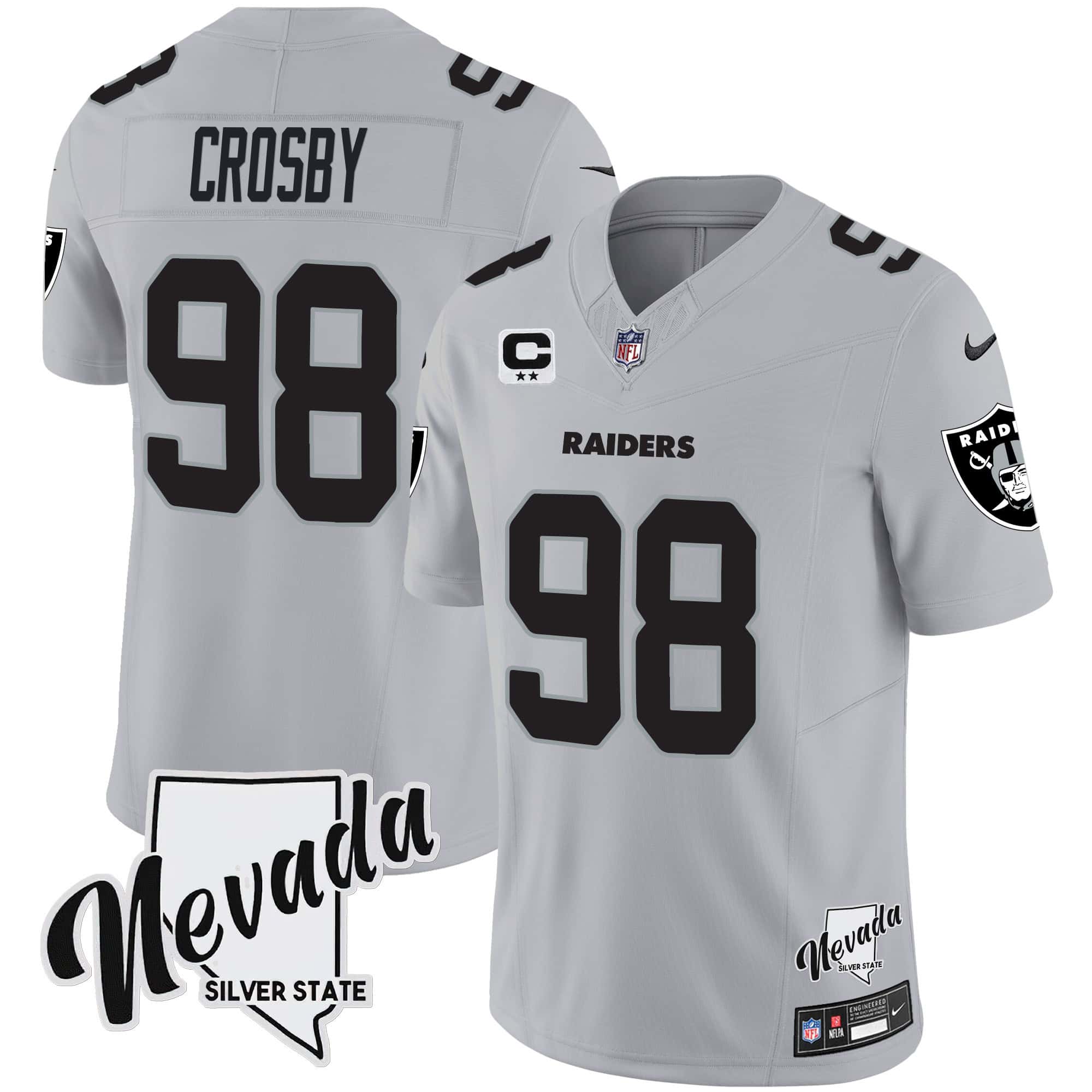 Men’s Raiders Nevada Silver State Patch Vapor Jersey V2 – All Stitched – Gray – Maxx Crosby
