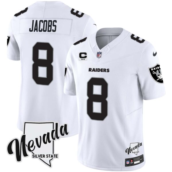 Men’s Raiders Nevada Silver State Patch Vapor Jersey V2 – All Stitched – White – Josh Jacobs