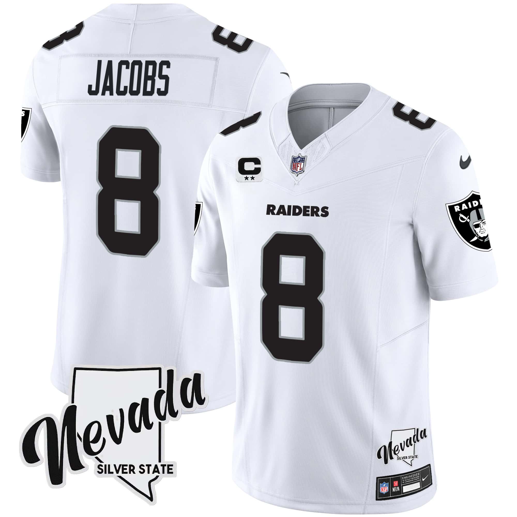 Men’s Raiders Nevada Silver State Patch Vapor Jersey V2 – All Stitched – White – Josh Jacobs