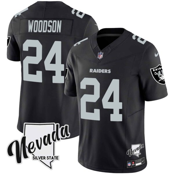 Men’s Raiders Nevada Silver State Patch Vapor Jersey V2 – All Stitched – Black – Charles Woodson