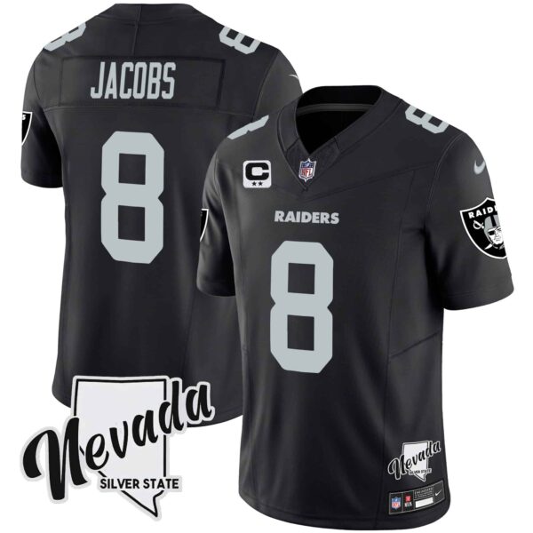 Men’s Raiders Nevada Silver State Patch Vapor Jersey V2 – All Stitched – Black – Josh Jacobs