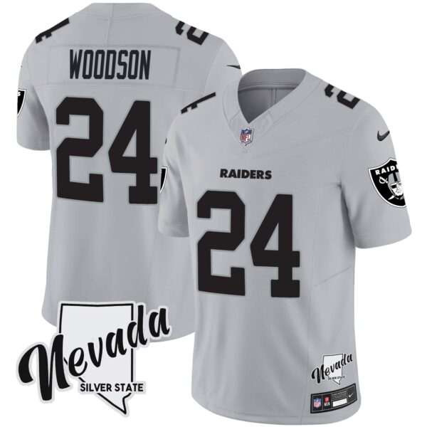 Men’s Raiders Nevada Silver State Patch Vapor Jersey V2 – All Stitched – Gray – Charles Woodson