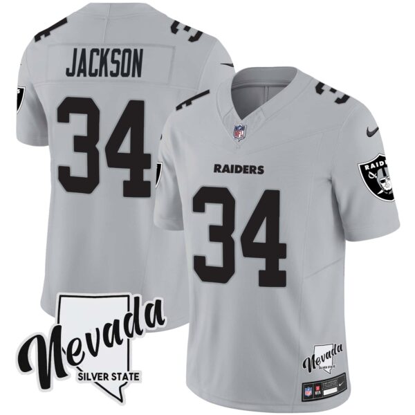 Men’s Raiders Nevada Silver State Patch Vapor Jersey V2 – All Stitched – Gray – Bo Jackson