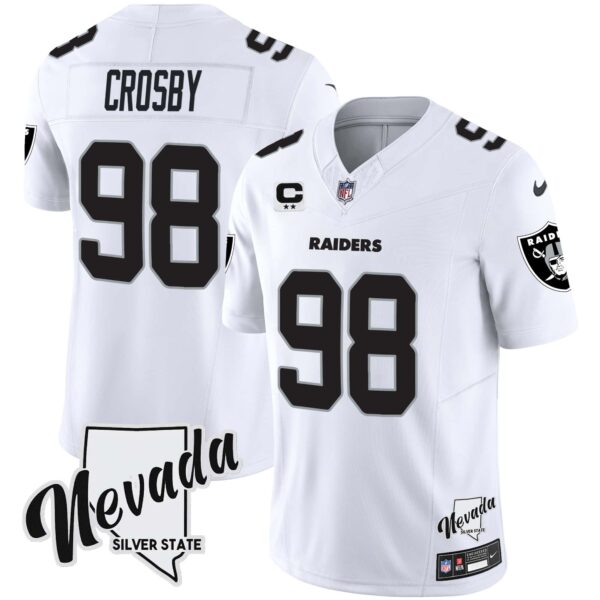 Men’s Raiders Nevada Silver State Patch Vapor Jersey V2 – All Stitched – White – Maxx Crosby