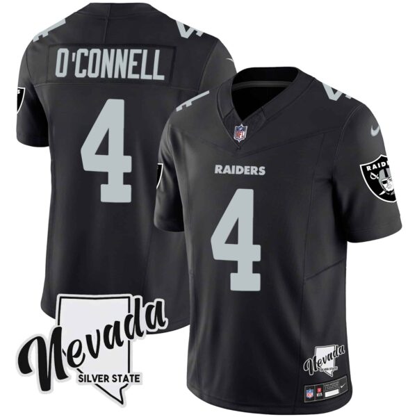 Men’s Raiders Nevada Silver State Patch Vapor Jersey V2 – All Stitched – Black – Aidan O’Connell