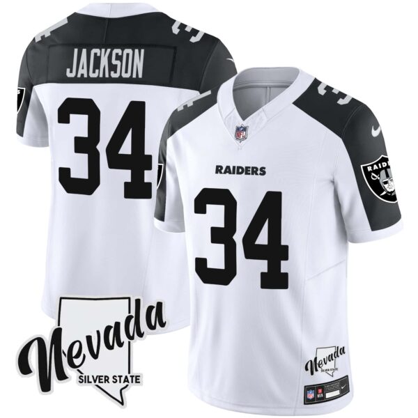 Men’s Raiders Nevada Silver State Patch Vapor Jersey V2 – All Stitched – Inverted – Bo Jackson