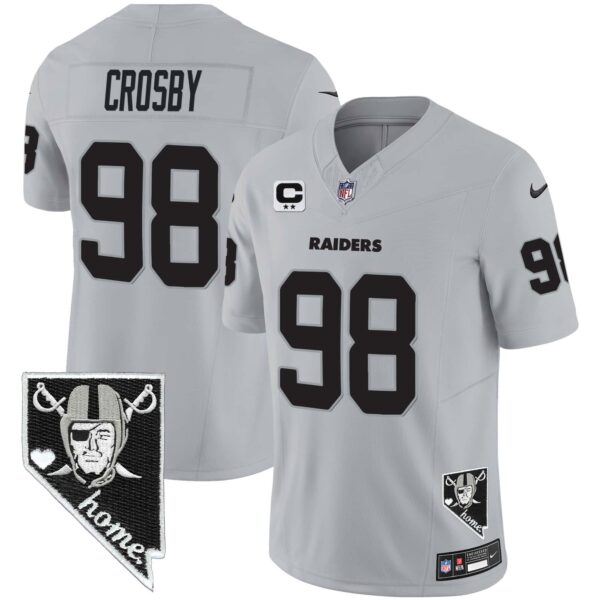 Men’s Raiders Nevada Home Patch Vapor Jersey – All Stitched – Gray – Maxx Crosby