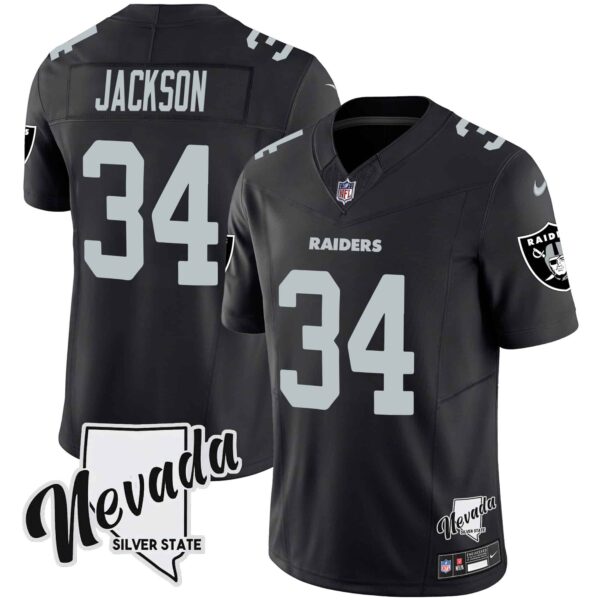 Men’s Raiders Nevada Silver State Patch Vapor Jersey V2 – All Stitched – Black – Bo Jackson