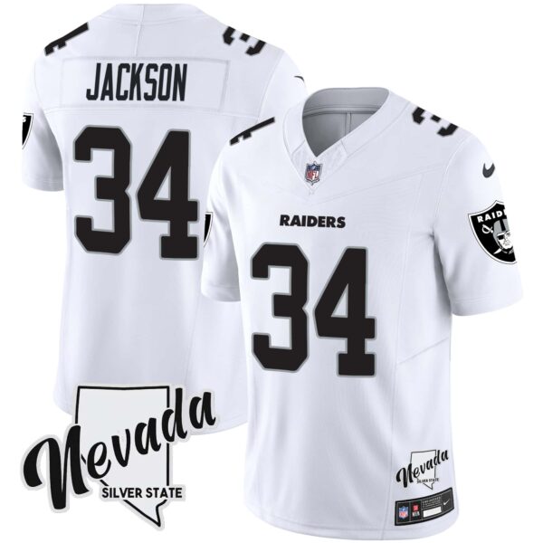 Men’s Raiders Nevada Silver State Patch Vapor Jersey V2 – All Stitched – White – Bo Jackson