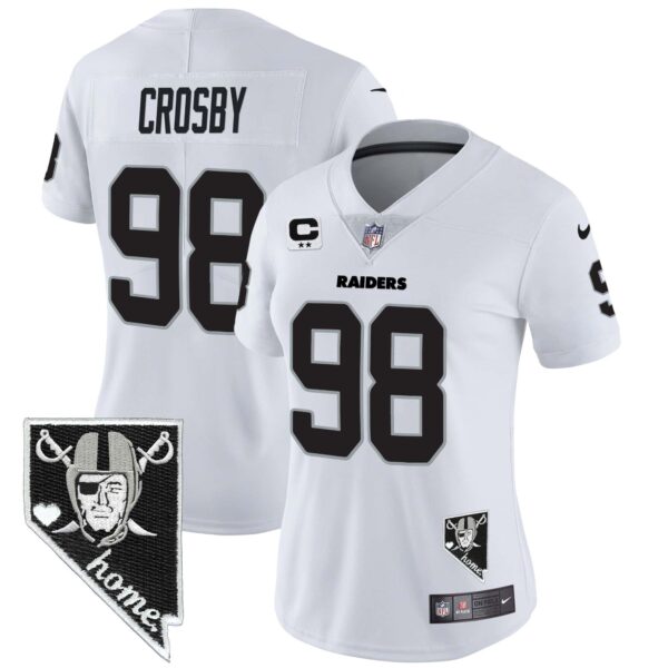 Women’s Raiders Nevada Home Patch Vapor Jersey – All Stitched – White – Maxx Crosby