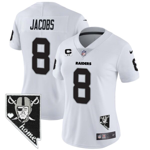 Women’s Raiders Nevada Home Patch Vapor Jersey – All Stitched – White – Josh Jacobs