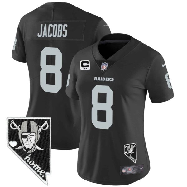Women’s Raiders Nevada Home Patch Vapor Jersey – All Stitched – Black – Josh Jacobs