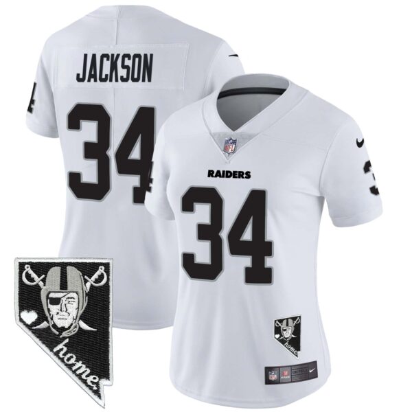 Women’s Raiders Nevada Home Patch Vapor Jersey – All Stitched – White – Bo Jackson