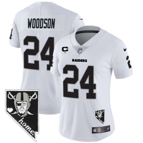 Women’s Raiders Nevada Home Patch Vapor Jersey – All Stitched – White – Charles Woodson
