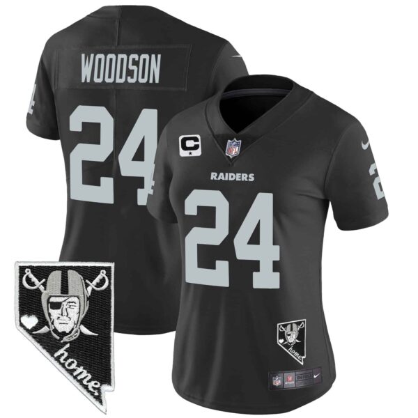 Women’s Raiders Nevada Home Patch Vapor Jersey – All Stitched – Black – Charles Woodson
