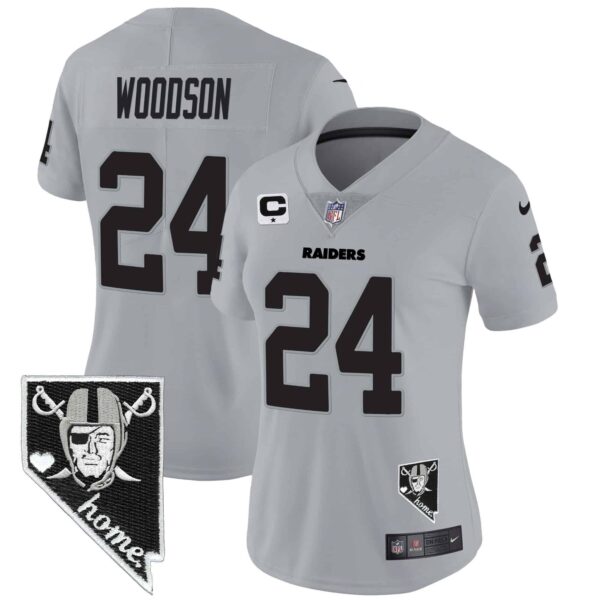 Women’s Raiders Nevada Home Patch Vapor Jersey – All Stitched – Gray – Charles Woodson