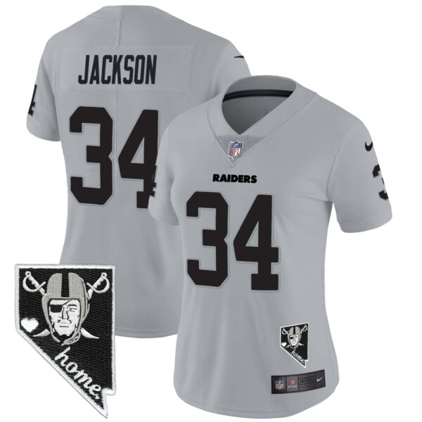 Women’s Raiders Nevada Home Patch Vapor Jersey – All Stitched – Gray – Bo Jackson