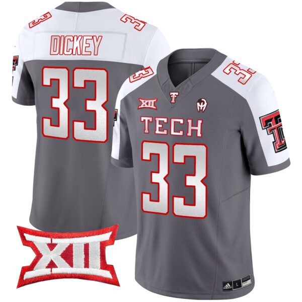 Men’s Texas Tech Red Raiders 2024 Patrick Mahomes Symbol Vapor Limited Jersey – All Stitched – Gray Alternate – Cameron Dickey