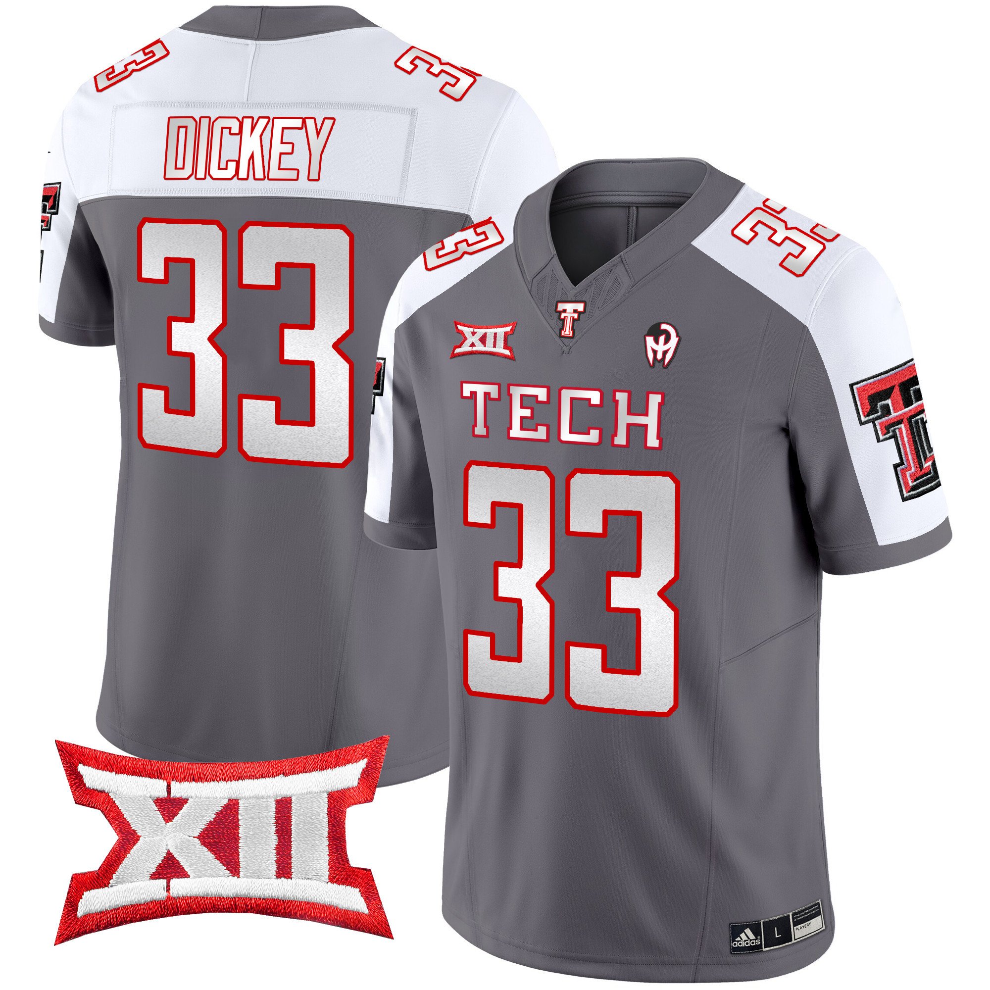 Men’s Texas Tech Red Raiders 2024 Patrick Mahomes Symbol Vapor Limited Jersey – All Stitched – Gray Alternate – Cameron Dickey