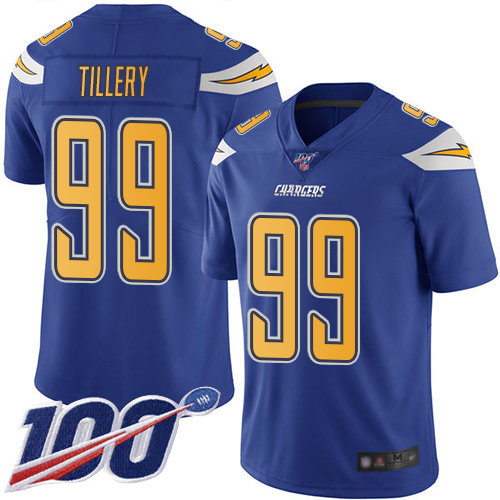 Nike Chargers #99 Jerry Tillery Electric Blue Men’s Stitched NFL Limited Rush 100th Season Jersey