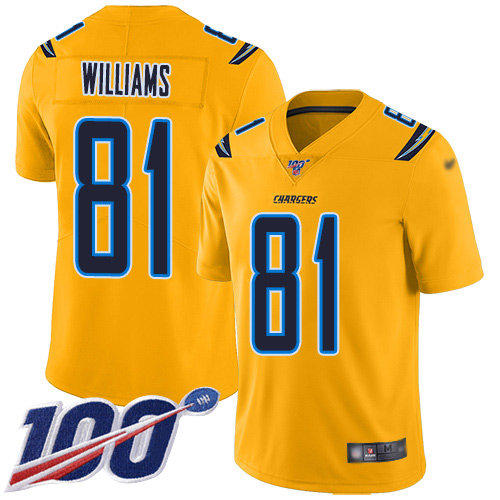 Nike Chargers #81 Mike Williams Gold Men’s Stitched NFL Limited Inverted Legend 100th Season Jersey