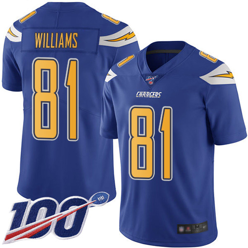 Nike Chargers #81 Mike Williams Electric Blue Men’s Stitched NFL Limited Rush 100th Season Jersey