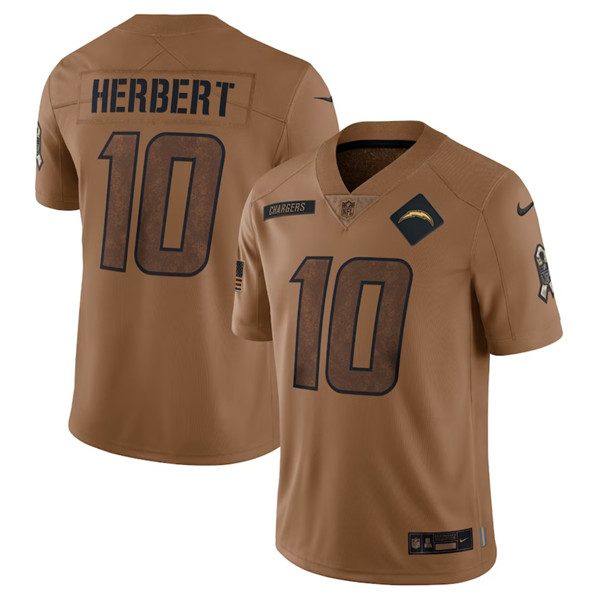 Men’s Los Angeles Chargers #10 Justin Herbert 2023 Brown Salute To Service Limited Football Stitched Jersey