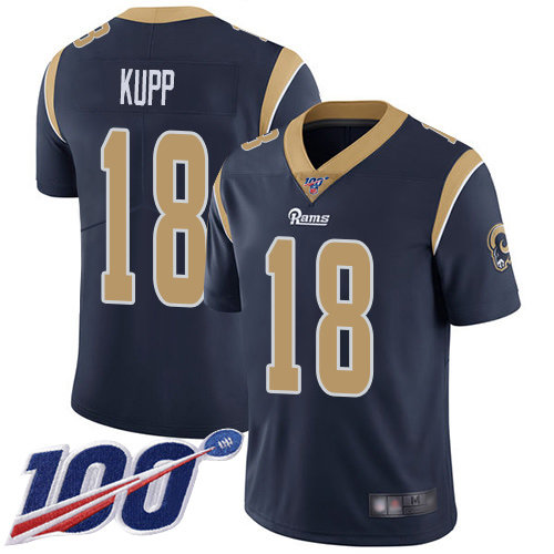 Nike Rams #18 Cooper Kupp Navy Blue Team Color Men’s Stitched NFL 100th Season Vapor Limited Jersey